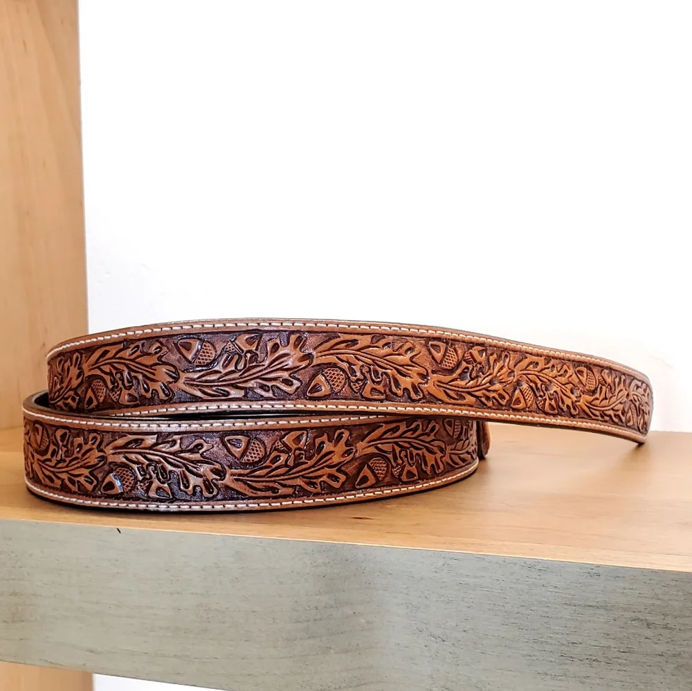 Vogt Russet Brown Hand Tooled Acorn/Leaf Leather Belt, 48